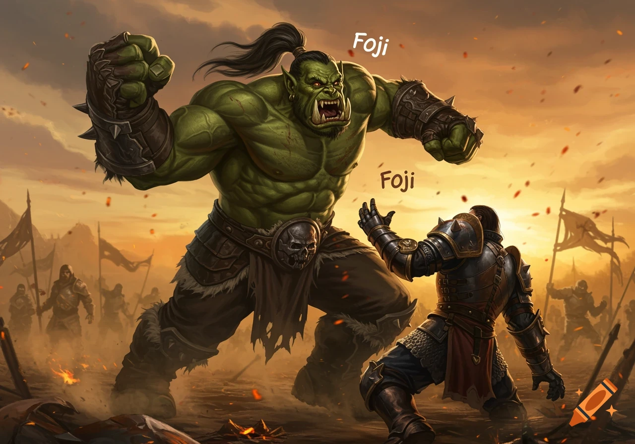 A massive green orc stands over a human knight on a smoky battlefield at sunset, ready to strike, in a fantasy art style.