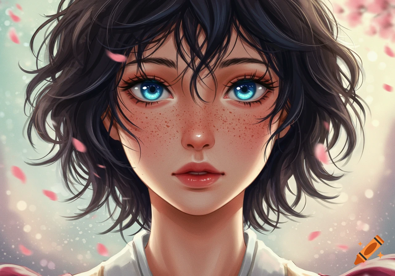 Close-up anime portrait of a woman with messy black hair, blue eyes, and freckles, with pink petals floating around her.