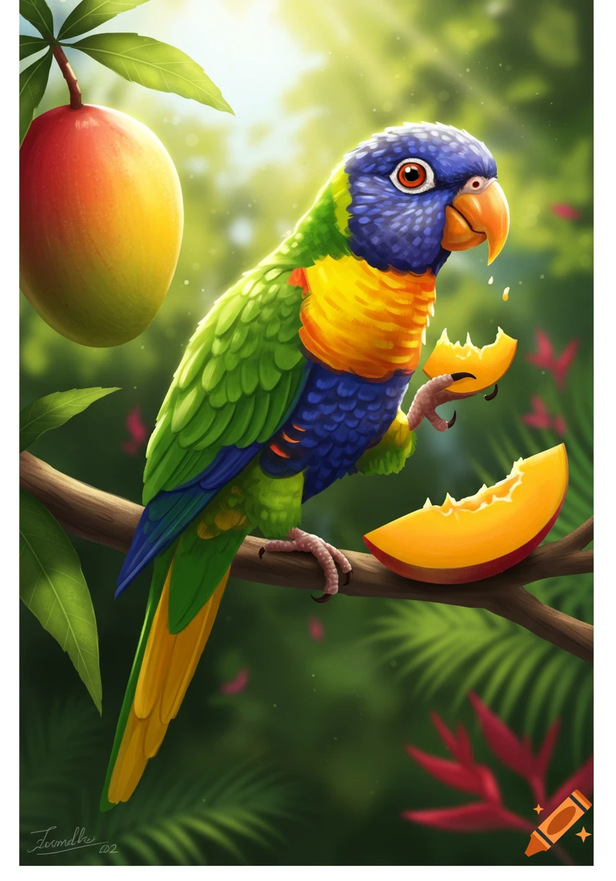 A vibrant, colorful parrot with blue, yellow, and green feathers sits on a branch, eating a slice of mango in a sunny tropical setting.