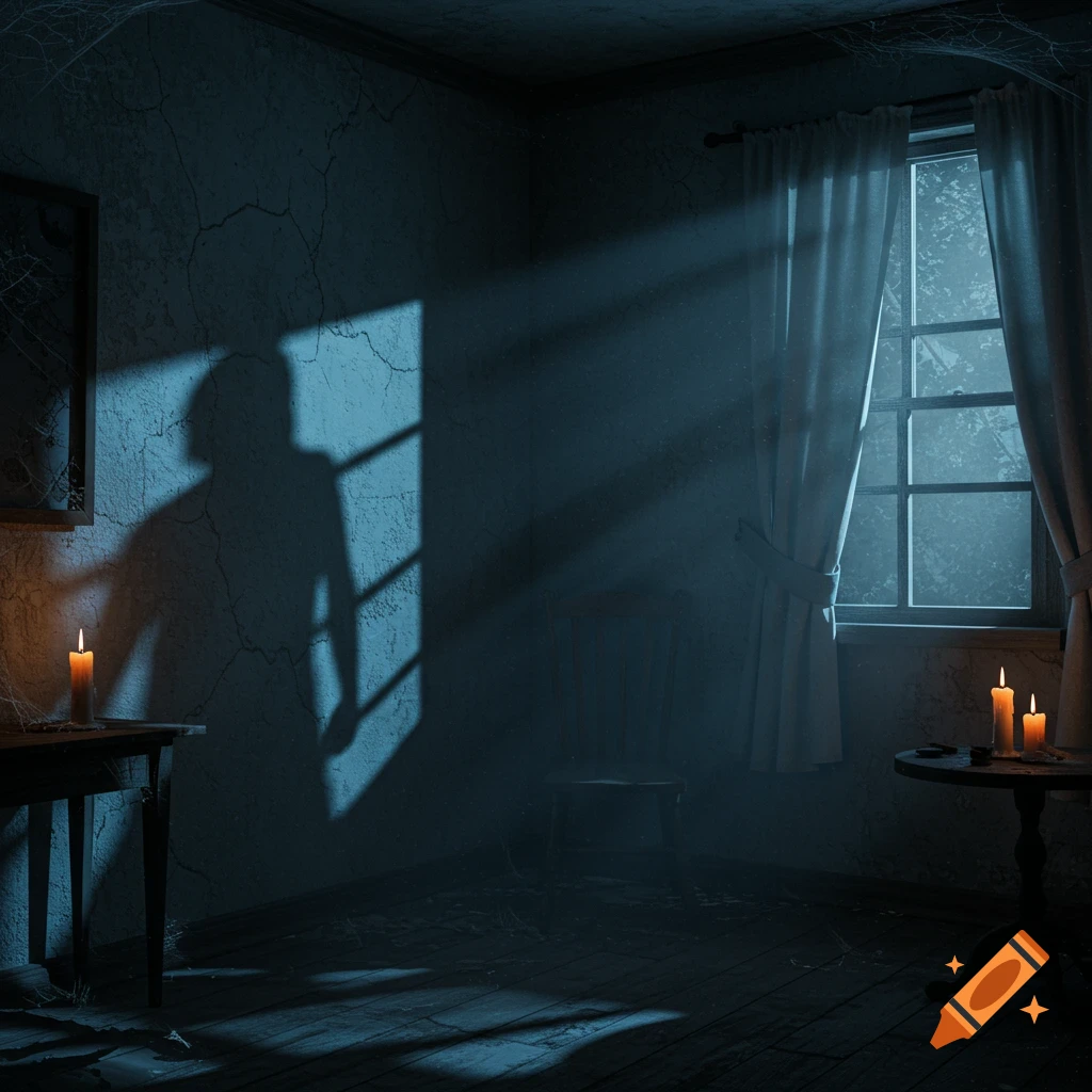 An eerie, dimly lit room with a mysterious shadow on the wall, moonbeams from a window, and lit candles.