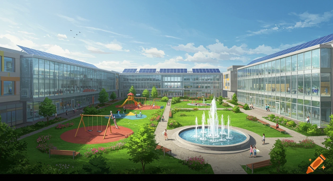 A modern school building with glass walls and solar panels encircles a green park featuring a playground, swings, and fountain.