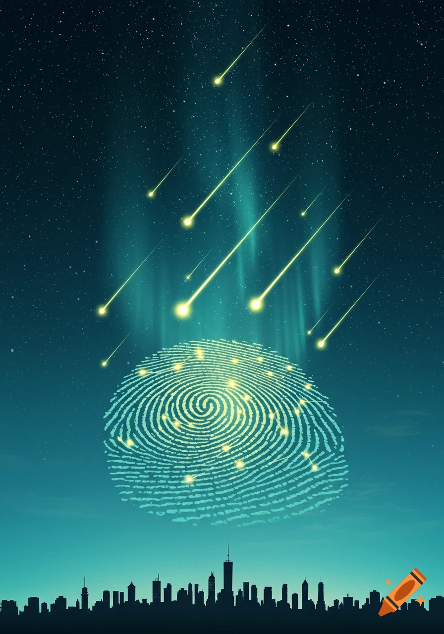 A digital illustration of glowing meteors falling towards a large fingerprint in a starry, aurora-lit sky above a city skyline.
