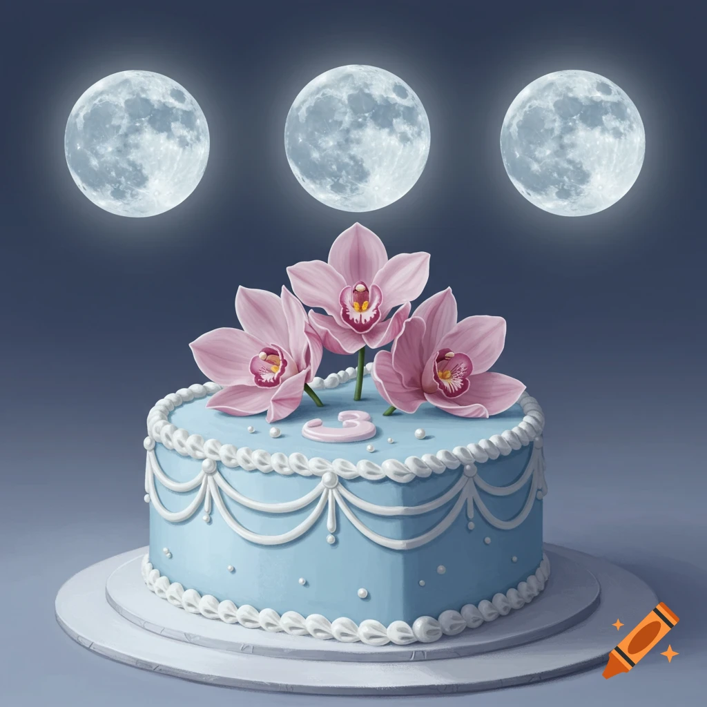 A light blue cake decorated with pink orchids, a number three, and three full moons above it, against a dark background.