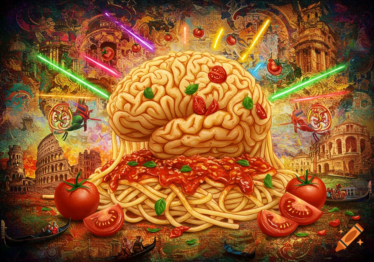 A surreal image of a brain made of spaghetti and sauce, with Italian landmarks and colorful light beams in a chaotic, vibrant background.