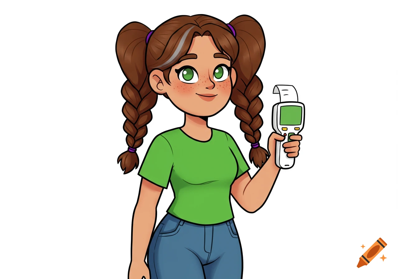 A cheerful cartoon woman with braided pigtails, green eyes, freckles, wearing a green t-shirt and blue jeans, holding a white handheld scanner.