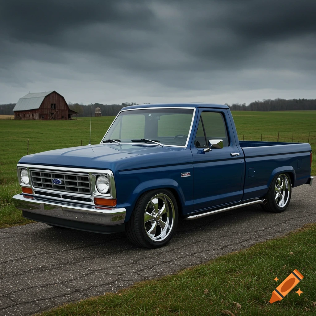 A dark blue vintage Ford pickup truck parked on a country road with a barn and green fields in the background under a cloudy sky.