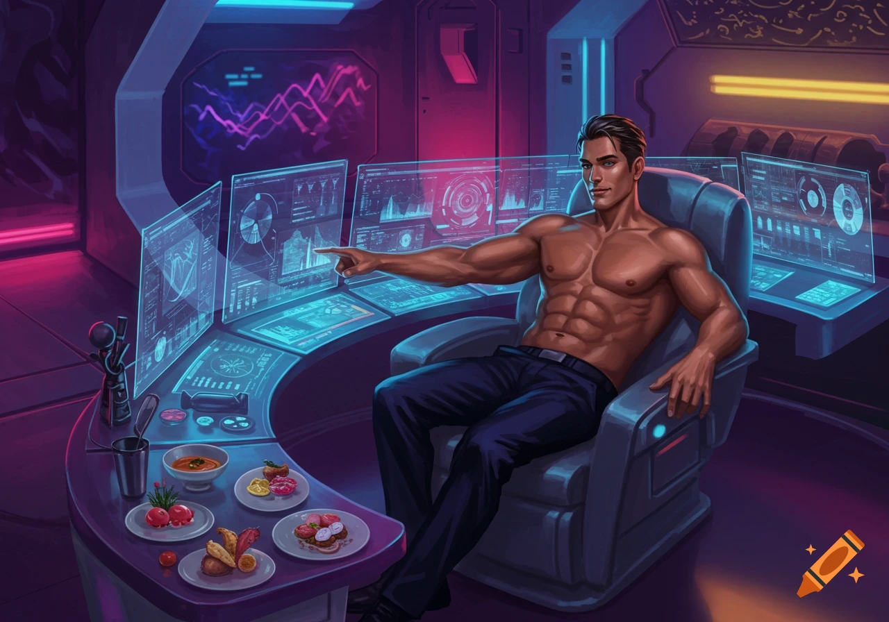 A handsome shirtless man with abs sits in a chair in a futuristic room, pointing at holographic screens displaying data. Food is on a table beside him.