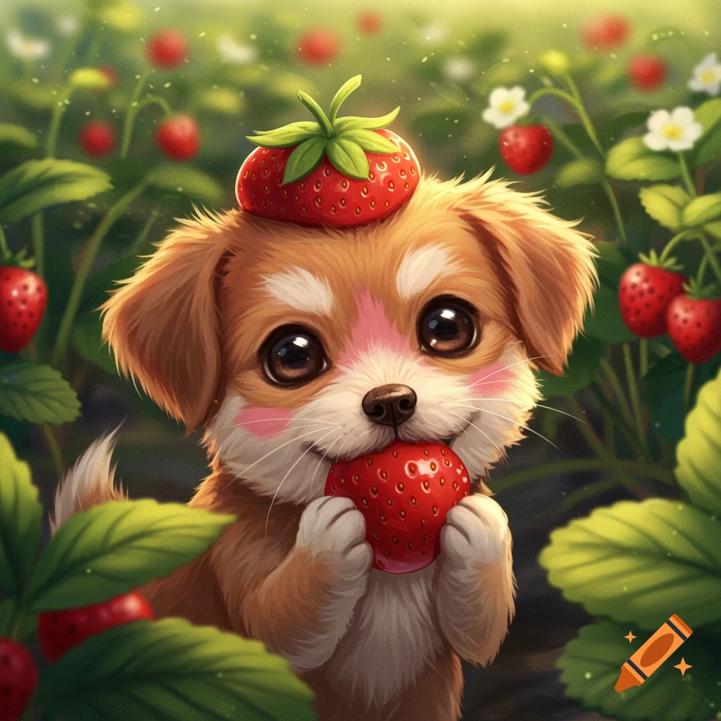 A cute cartoon puppy with big eyes holds a strawberry in its mouth with another on its head, in a strawberry field.