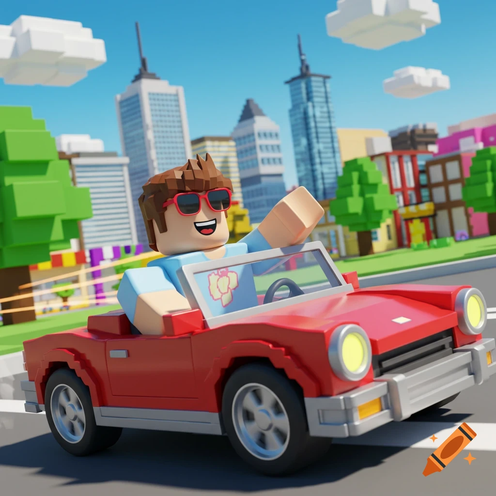 A blocky, cartoon character resembling a Roblox avatar drives a red convertible car through a blocky city landscape under a blue sky.