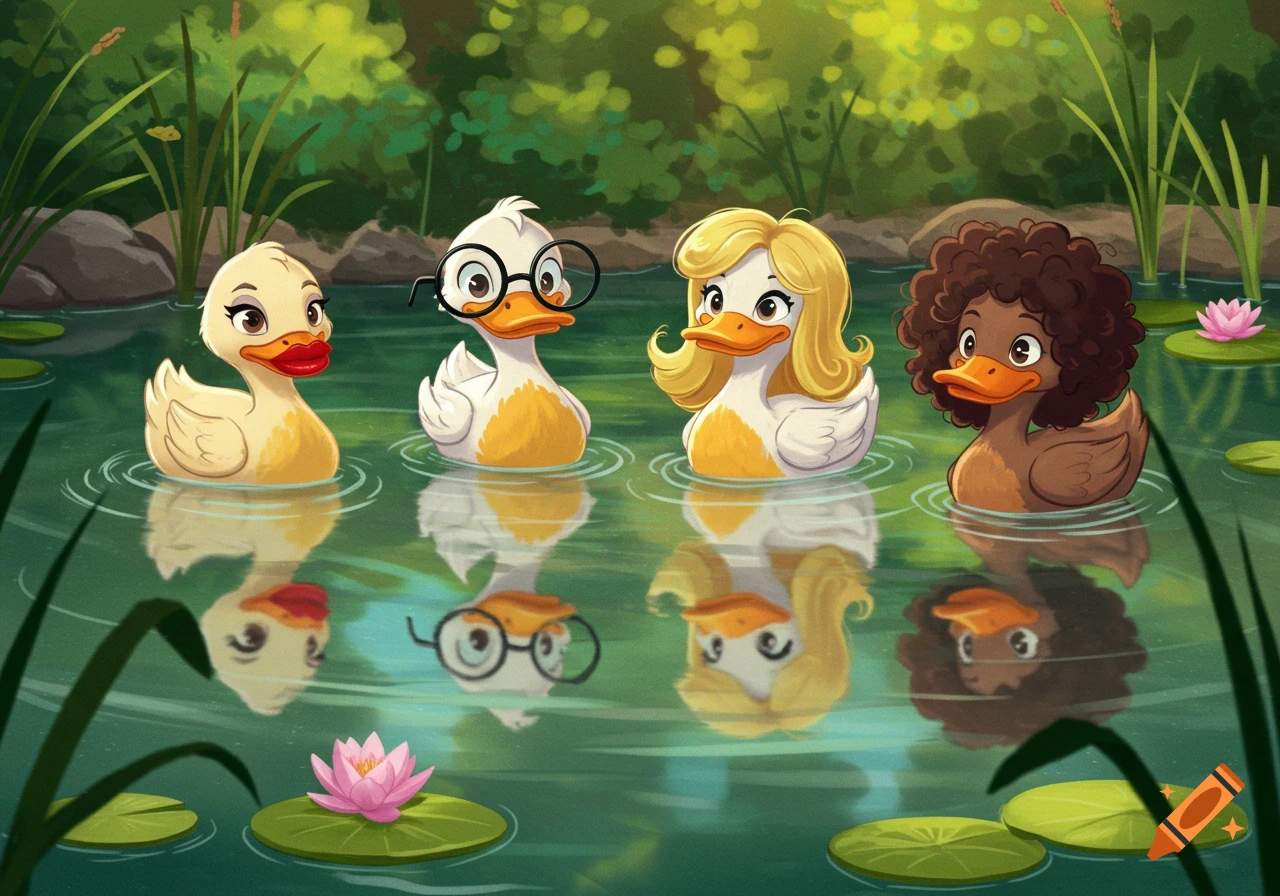 Four cartoon ducks, each with unique features, swimming in a green pond with lily pads and flowers.