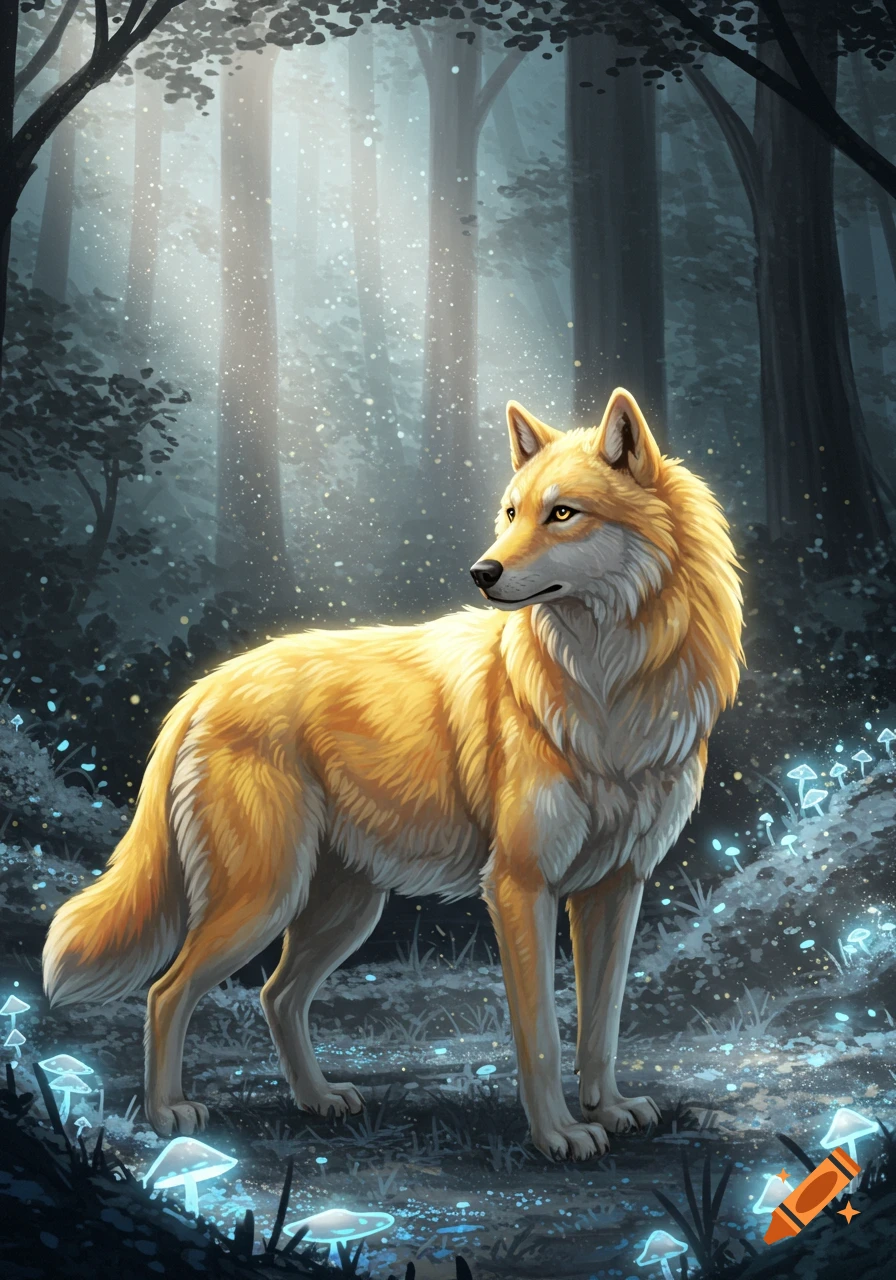 A golden wolf stands in a dark, mystical forest illuminated by glowing blue mushrooms and shimmering light.