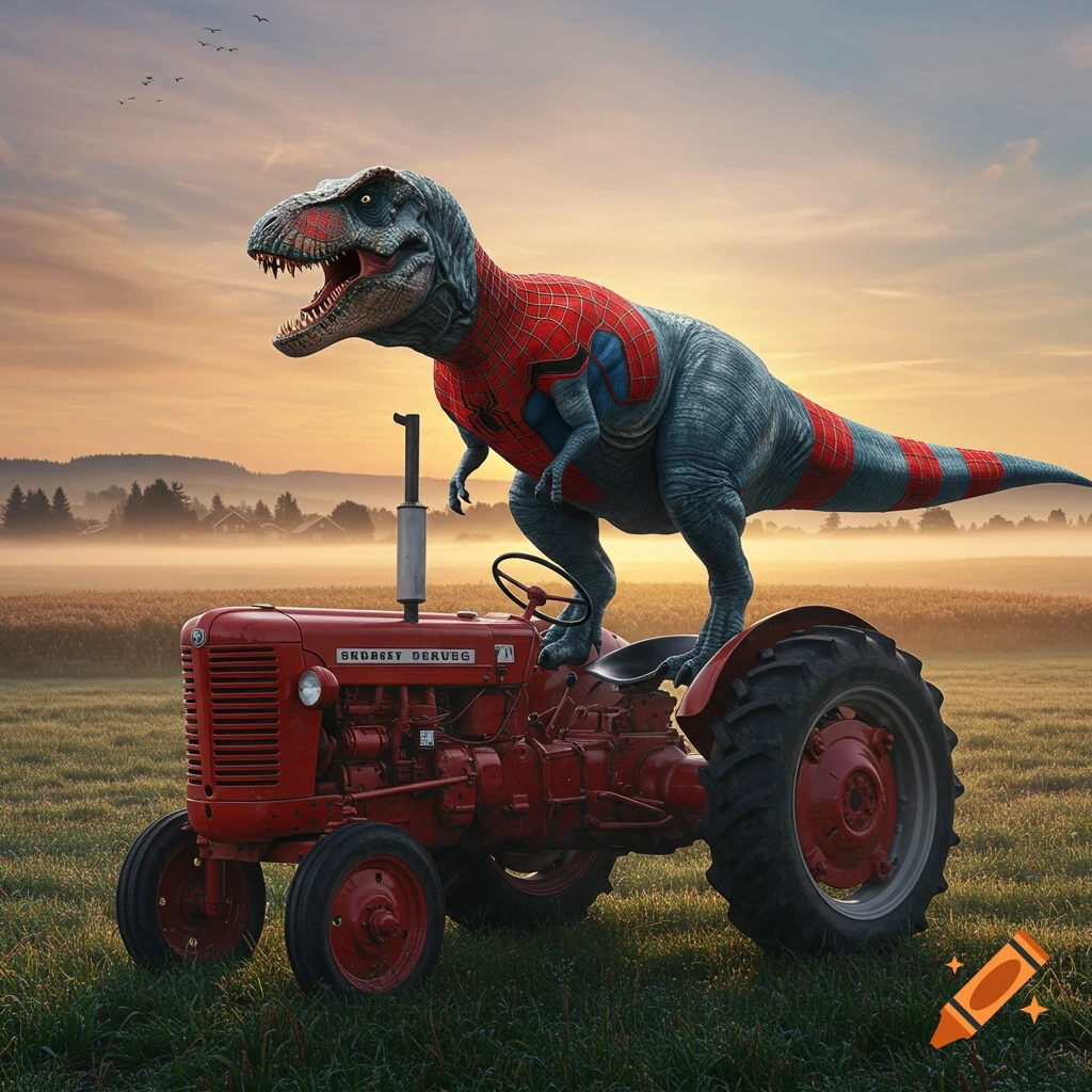 A T-Rex in a Spider-Man suit stands on a red tractor in a foggy field at sunset.