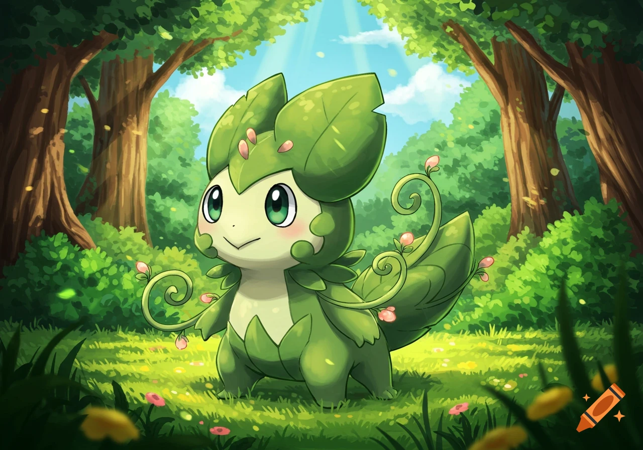 A cute, green, leaf-like creature resembling a Pok emon with big eyes and pink blush stands in a lush, sunlit forest.