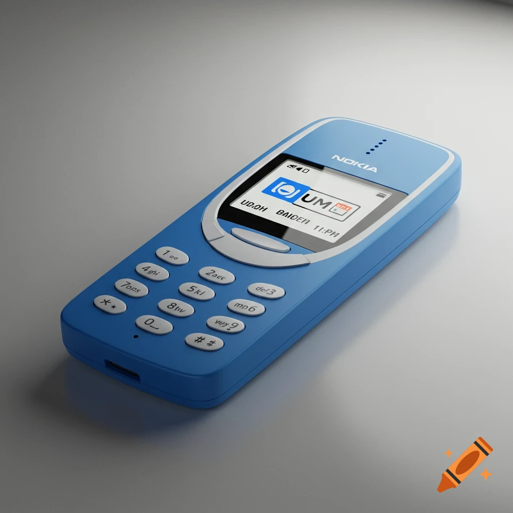 A photorealistic image of a blue Nokia 105 classic keypad phone with a white screen displaying garbled text and icons.