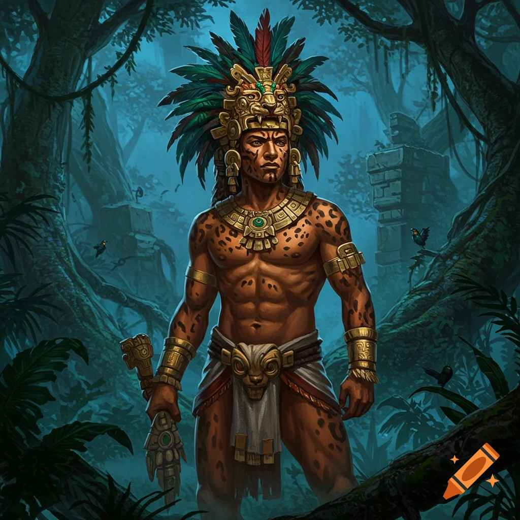 A muscular Mayan god with jaguar spots, wearing a feathered headdress and gold jewelry, stands in a misty jungle.