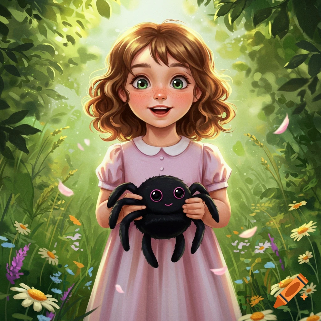 A smiling little girl with curly brown hair and green eyes holds a black plush spider in a bright, green forest illustration.