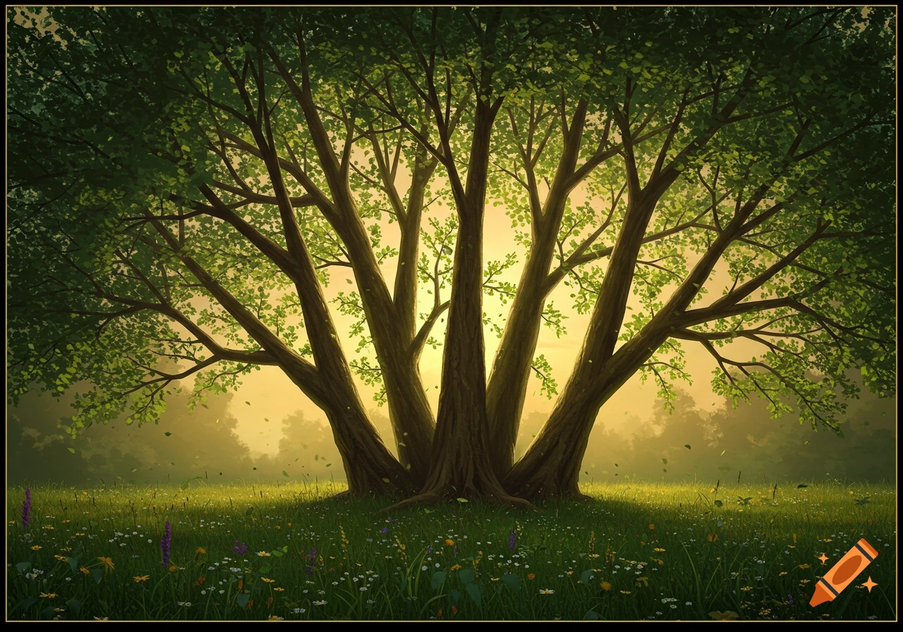 A large multi-trunked tree with lush green leaves stands in a sun-drenched grassy meadow with wildflowers.
