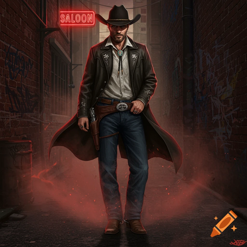 A man in a cowboy hat and trench coat stands in a dark alley with a neon 'SALOON' sign.