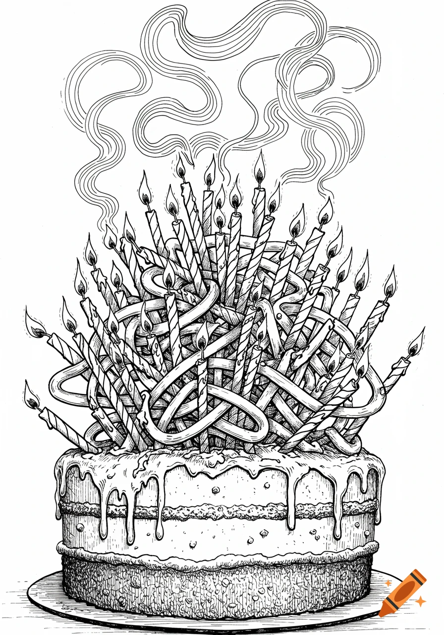 A black and white ink illustration of a cake overflowing with numerous lit candles and stylized smoke plumes.