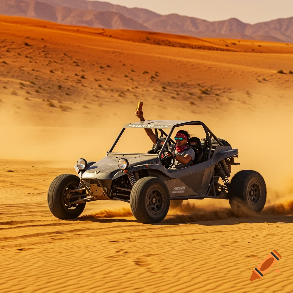 A person drives a grey dune buggy across a vast sandy desert, kicking up dust. Mountains are visible in the background under an orange sky.