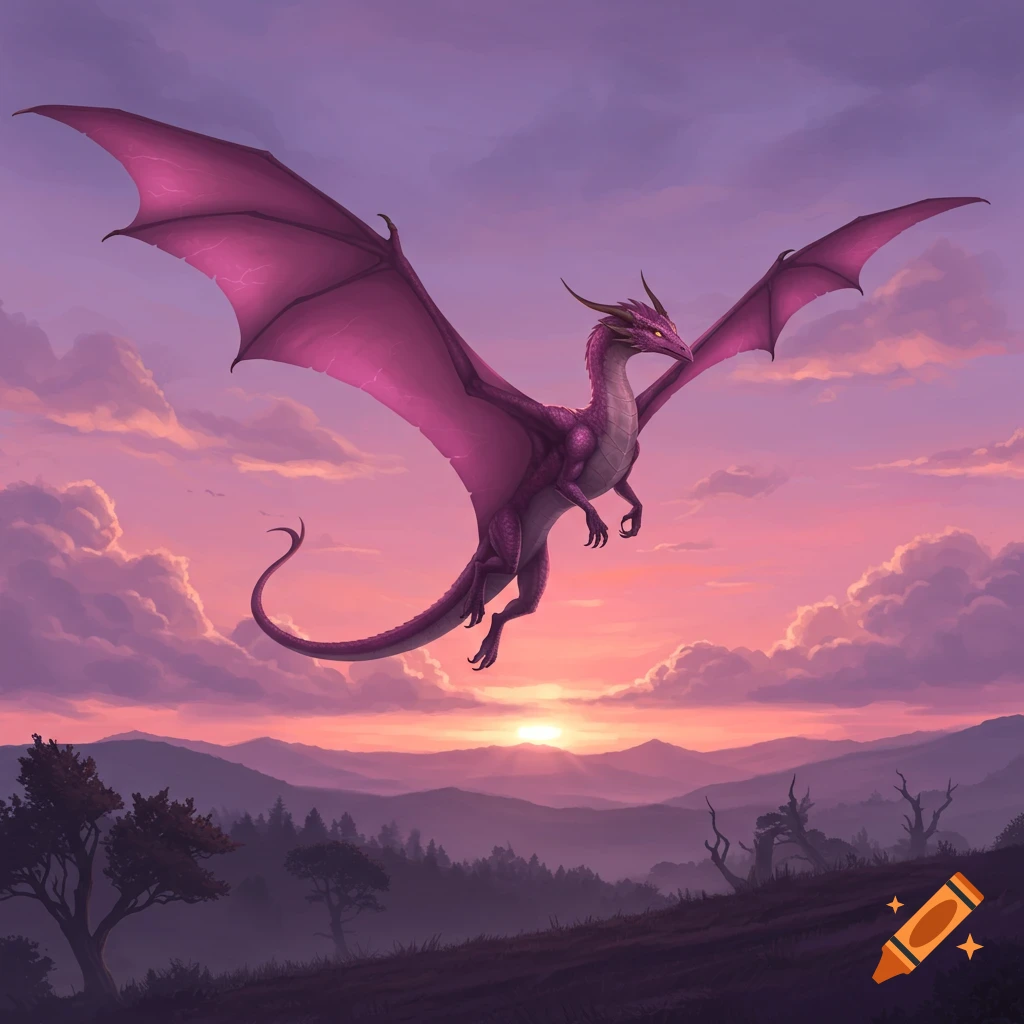 A majestic pinkish-purple dragon with smooth pointed wings soars through a vibrant purple and orange sunset sky above mountains.