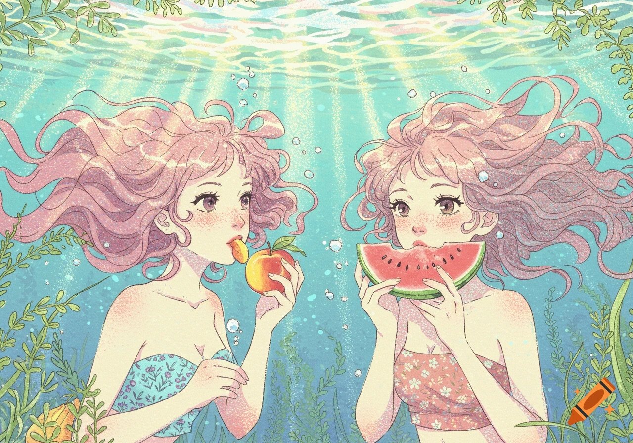 Two anime-style girls with pink hair underwater, one eating an apple and the other watermelon, in pastel colors.