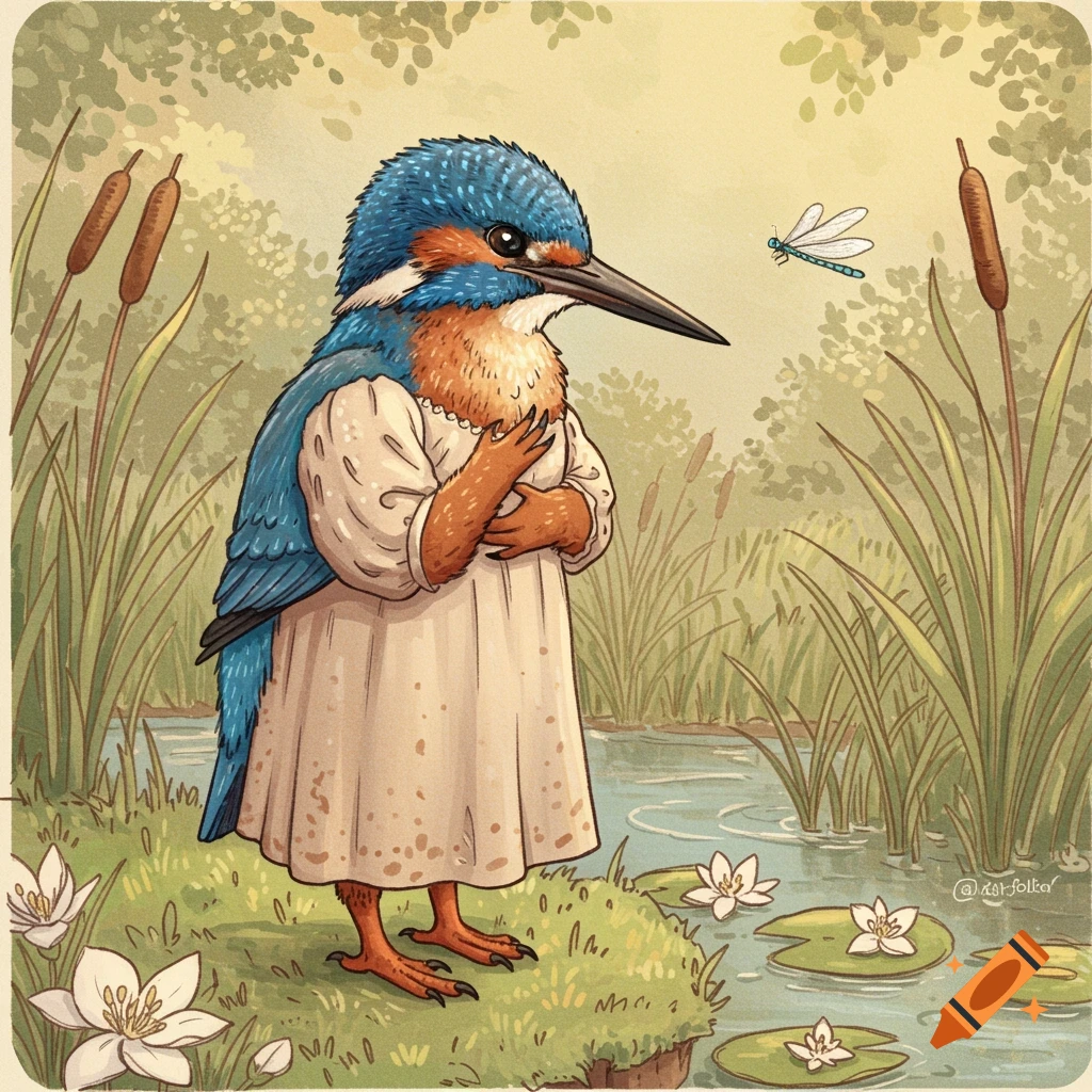 An anthropomorphic kingfisher in a dress stands by a pond with lily pads and cattails, in a Beatrix Potter style illustration.