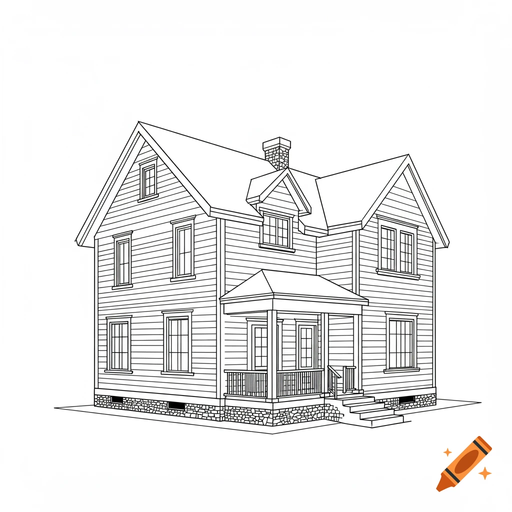 Black and white line drawing of a two-story house with a porch and chimney.