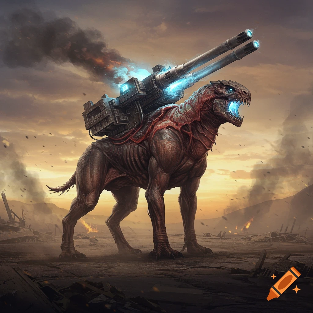 A monstrous creature with glowing blue cannons on its back stands in a desolate, smoky, war-torn landscape at sunset, digital art.