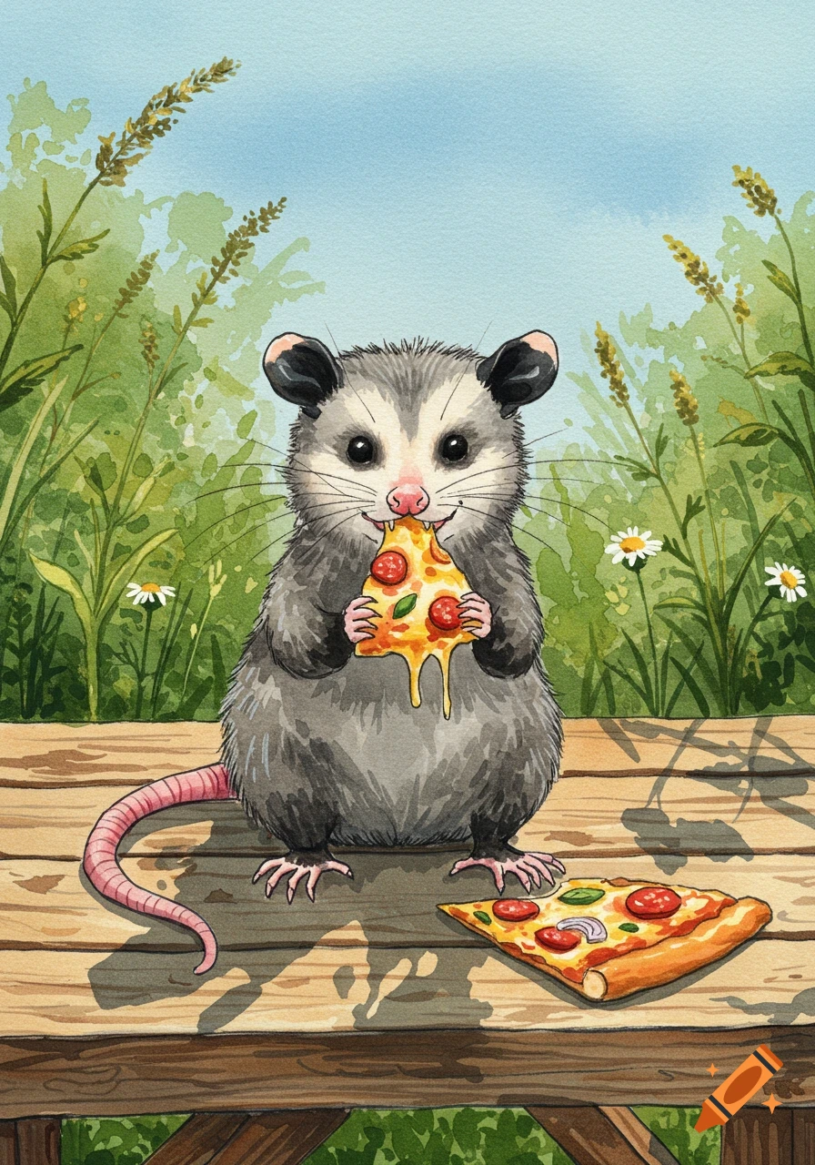 A watercolor illustration of a possum happily eating a slice of pizza on a wooden surface, with another slice nearby.