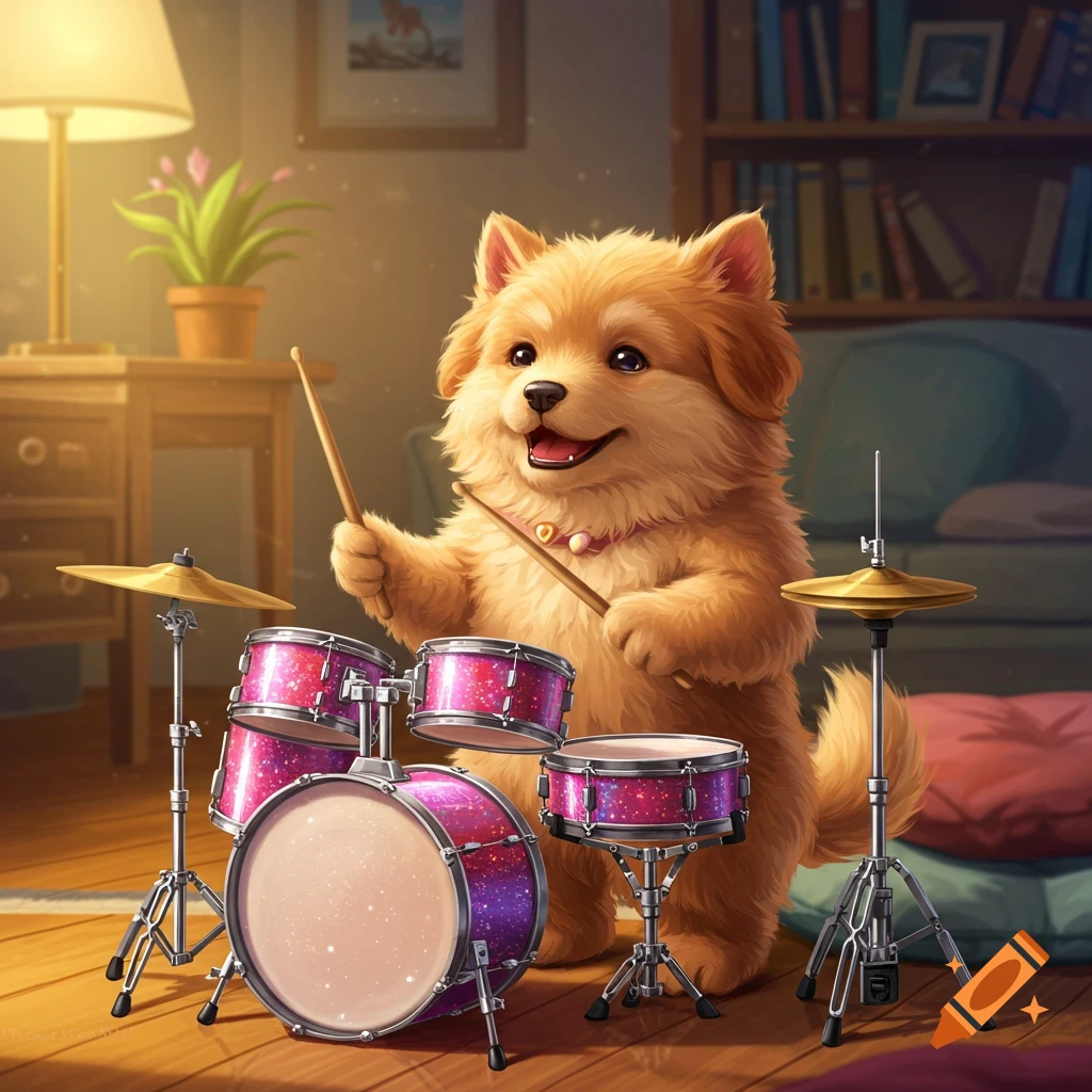 A cute, fluffy brown puppy with an open mouth plays a sparkly pink and purple drum set in a cozy living room.