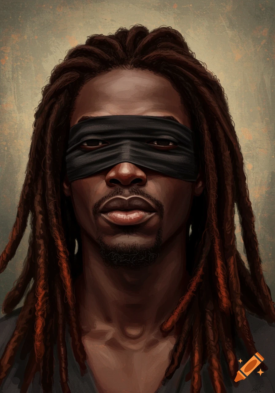 Digital painting of a Black person with dreadlocks wearing a black blindfold, looking directly forward.