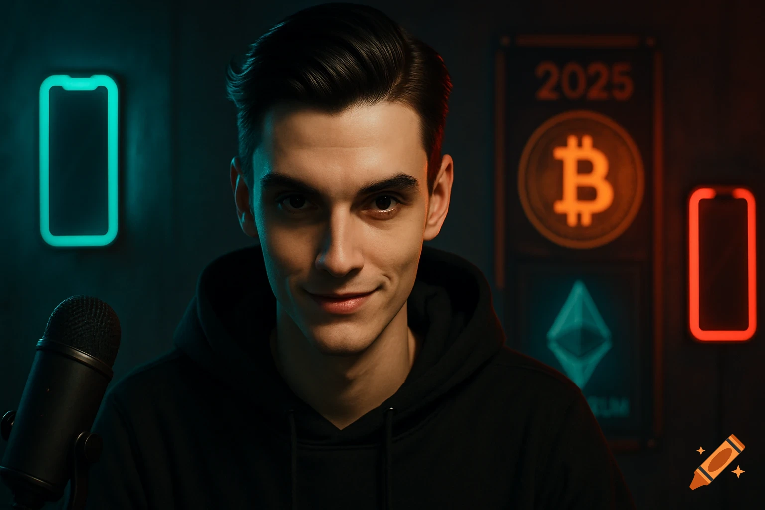 A young man, a vlogger, in a dim room with neon phone outlines and crypto symbols for Bitcoin and Ethereum.