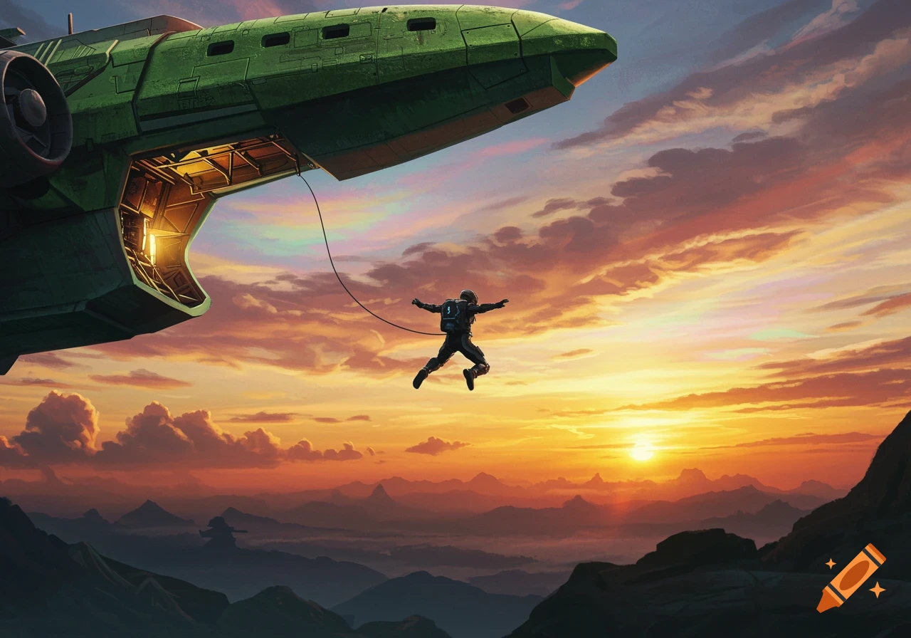 An orbital drop shock trooper jumps from a green spaceship against a vibrant sunset over a mountain range.