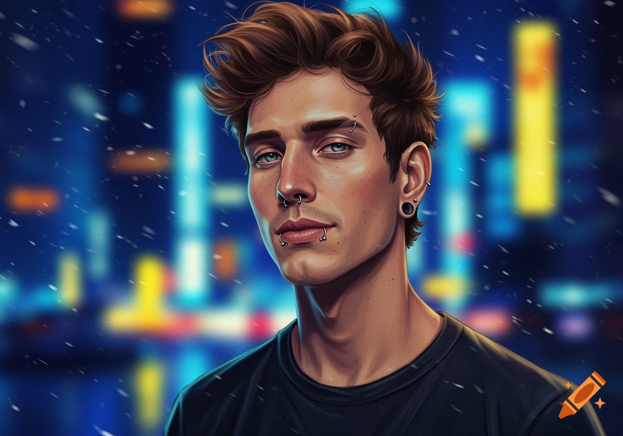 A digital art portrait of a man with brown hair, blue eyes, and multiple face and ear piercings against a blurred neon city background.