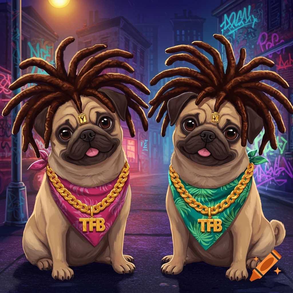 Two cartoon pugs with dreadlocks, gold chains with "TFB" pendants, and bandanas sit on a street at night with graffiti-covered buildings in the background.