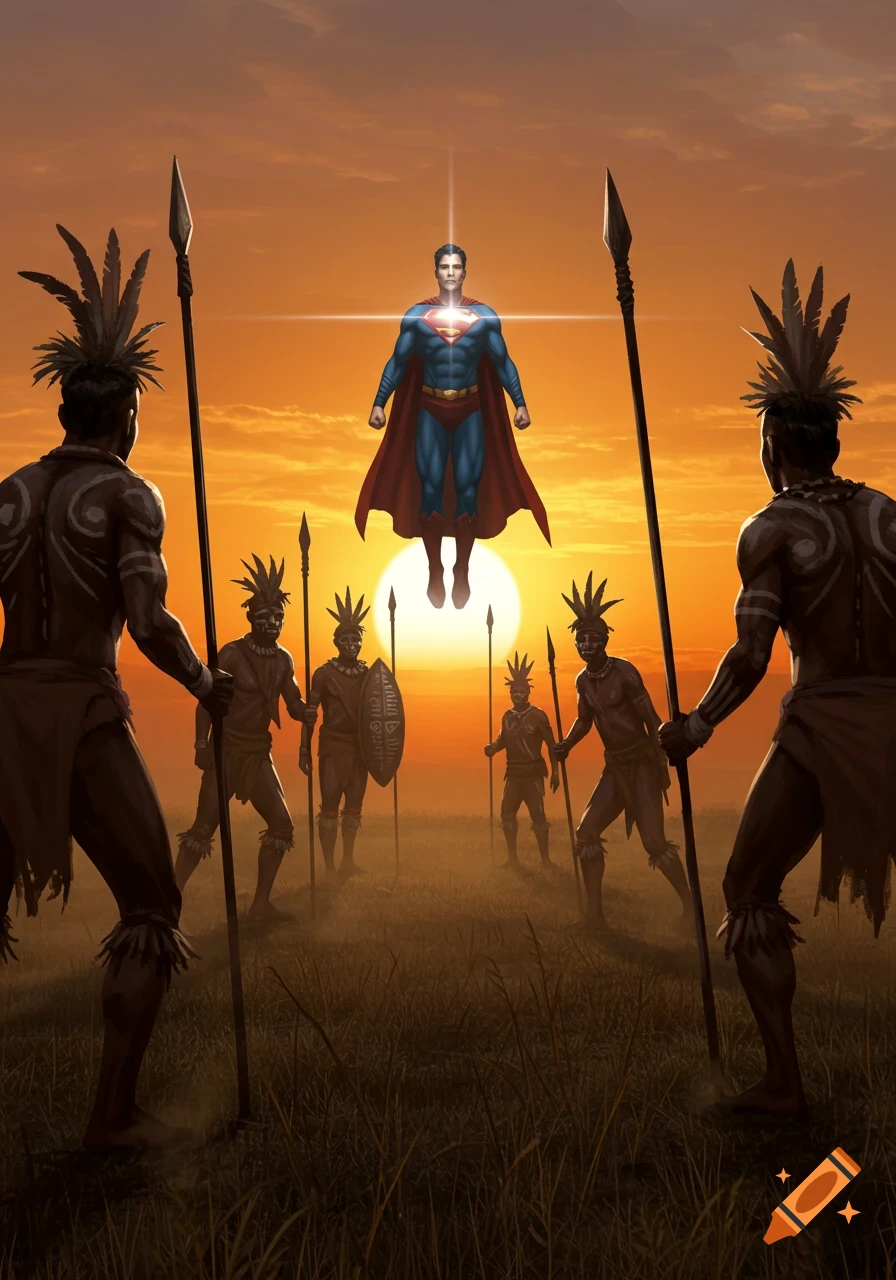 Superman hovers heroically over spear-wielding tribal warriors at sunset in a grassy field.