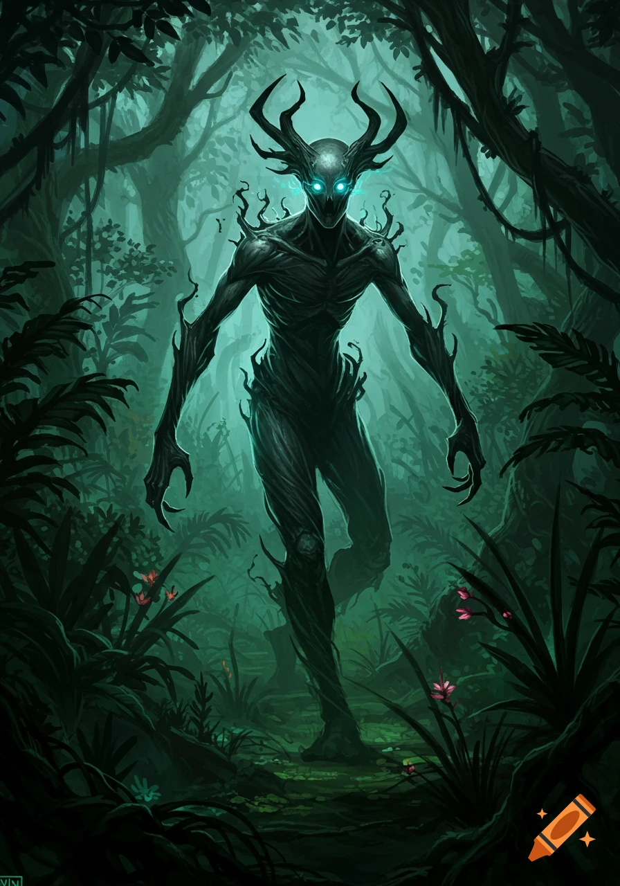Dark, skeletal forest spirit with glowing blue eyes and horns, emerging from a mystical, misty jungle.