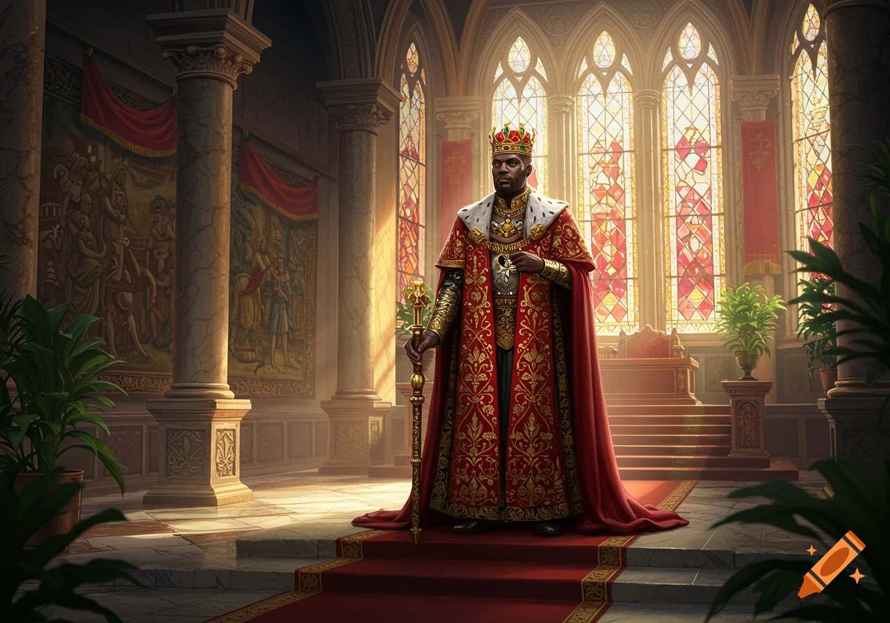 A regal African king in a red and gold robe, crown, and scepter stands in a grand, sunlit hall with stained glass windows.