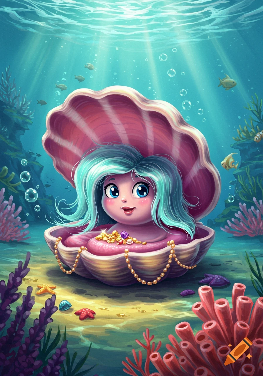 A cartoon creature with blue hair sits inside a wide open pink clam shell, adorned with pearls, at the bottom of the ocean surrounded by coral, starfish, and swimming fish.