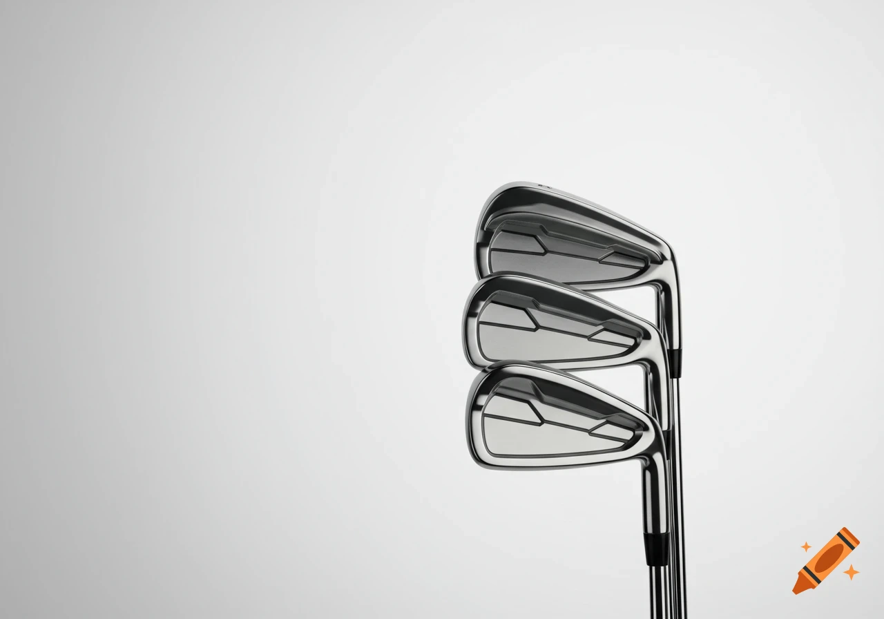 Three shiny silver golf club heads on a white background, close-up. on ...