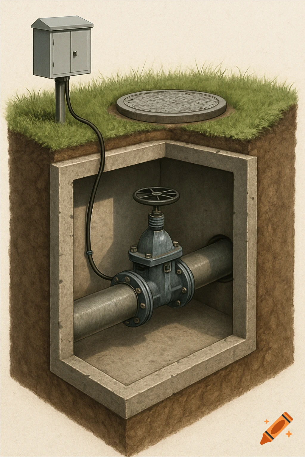 Detailed cutaway illustration of an underground valve well with a pipe, valve, electrical box, and manhole cover in a grassy setting.