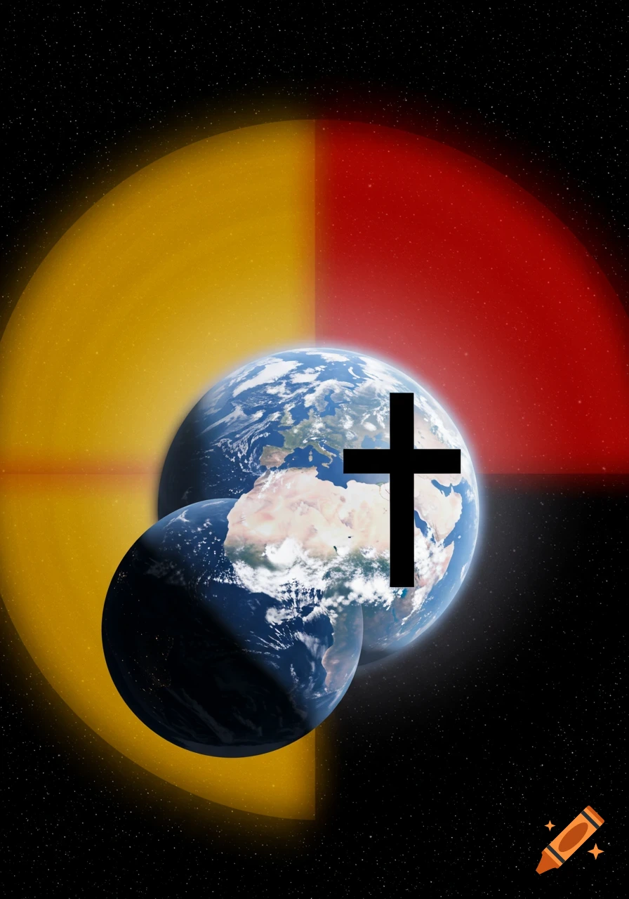 A black cross superimposed over two Earth-like planets against a starry black background with a large yellow and red quartered circle.