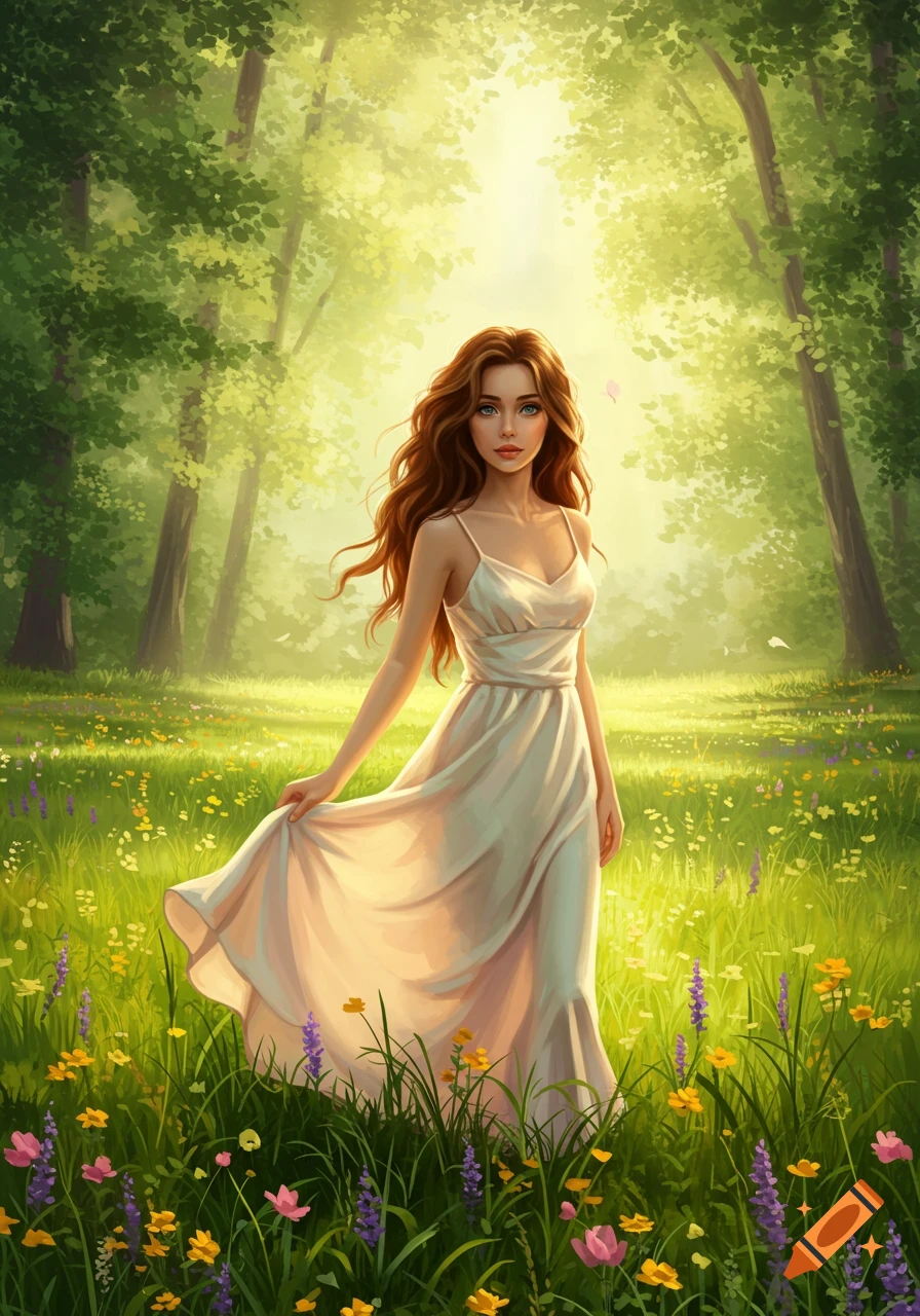 A fantasy illustration of a woman with long brown hair in a white dress standing in a sunny meadow with trees and wildflowers.