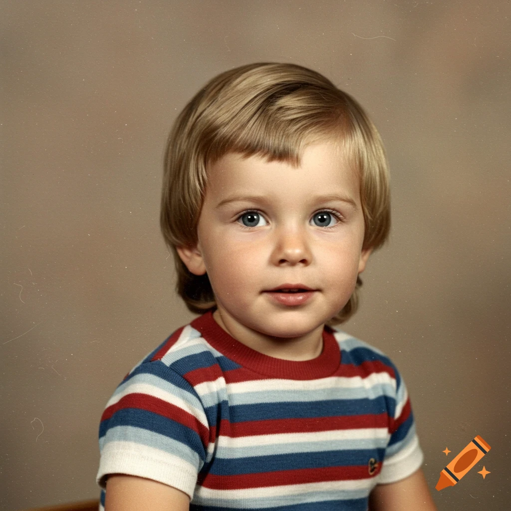 A young child with blond hair and blue eyes looks forward, wearing a red, blue, and white striped shirt, resembling a vintage 1960s yearbook photo.