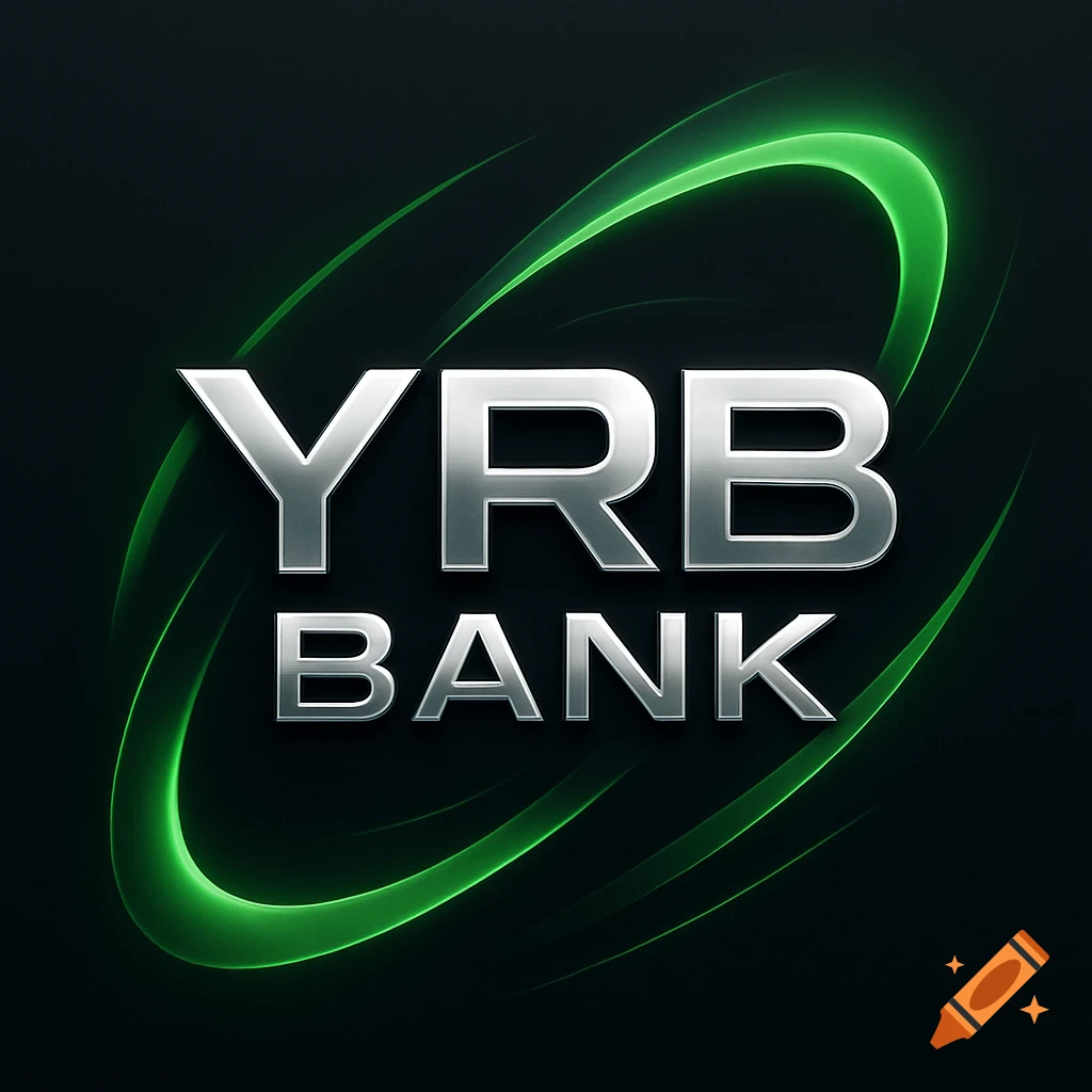 A modern logo for YRB Bank featuring metallic silver text 'YRB BANK' against a dark green to black background with glowing green abstract swooshes.