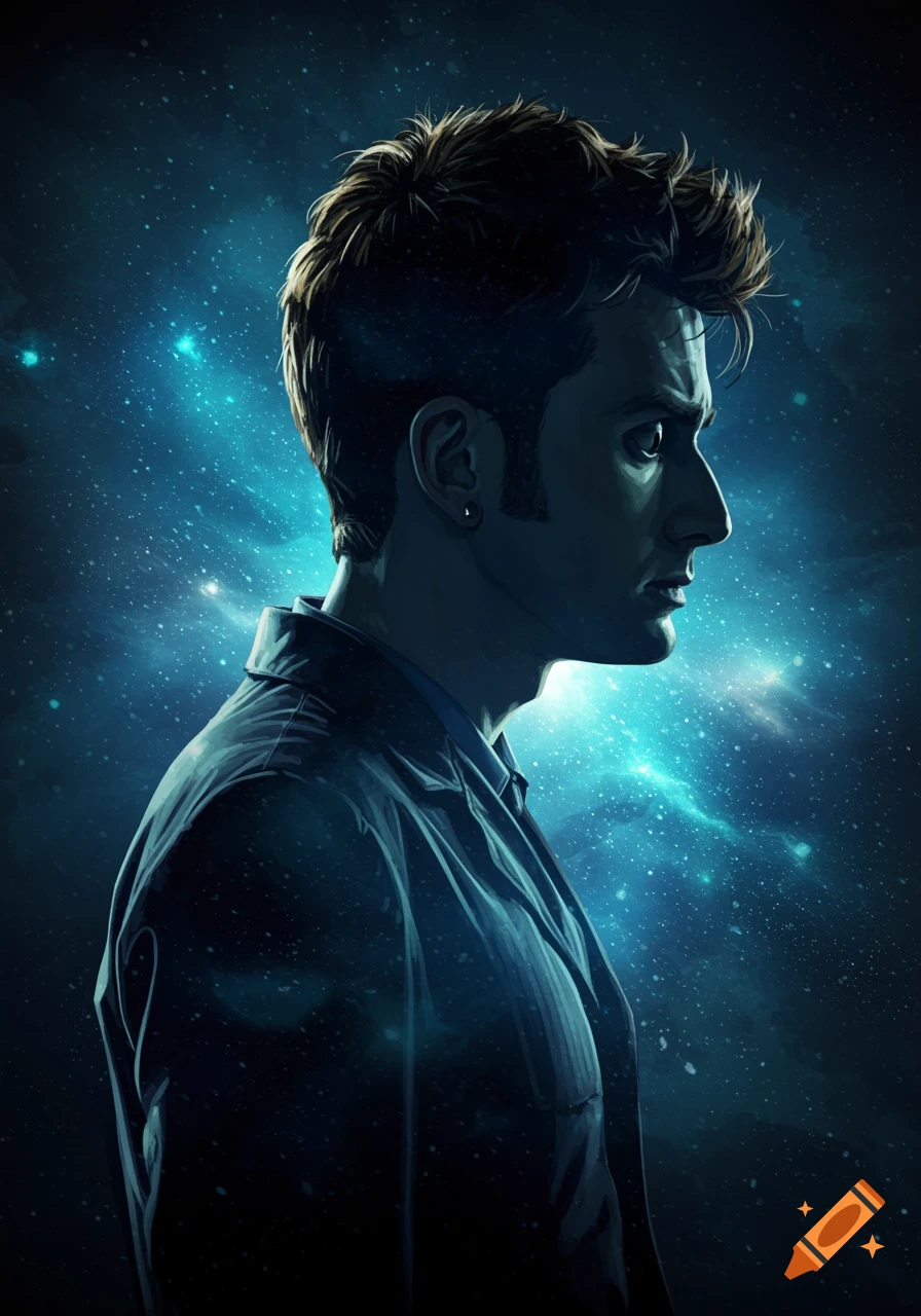 Profile portrait of a somber man resembling the Tenth Doctor with spiky hair, set against a dark blue cosmic background.