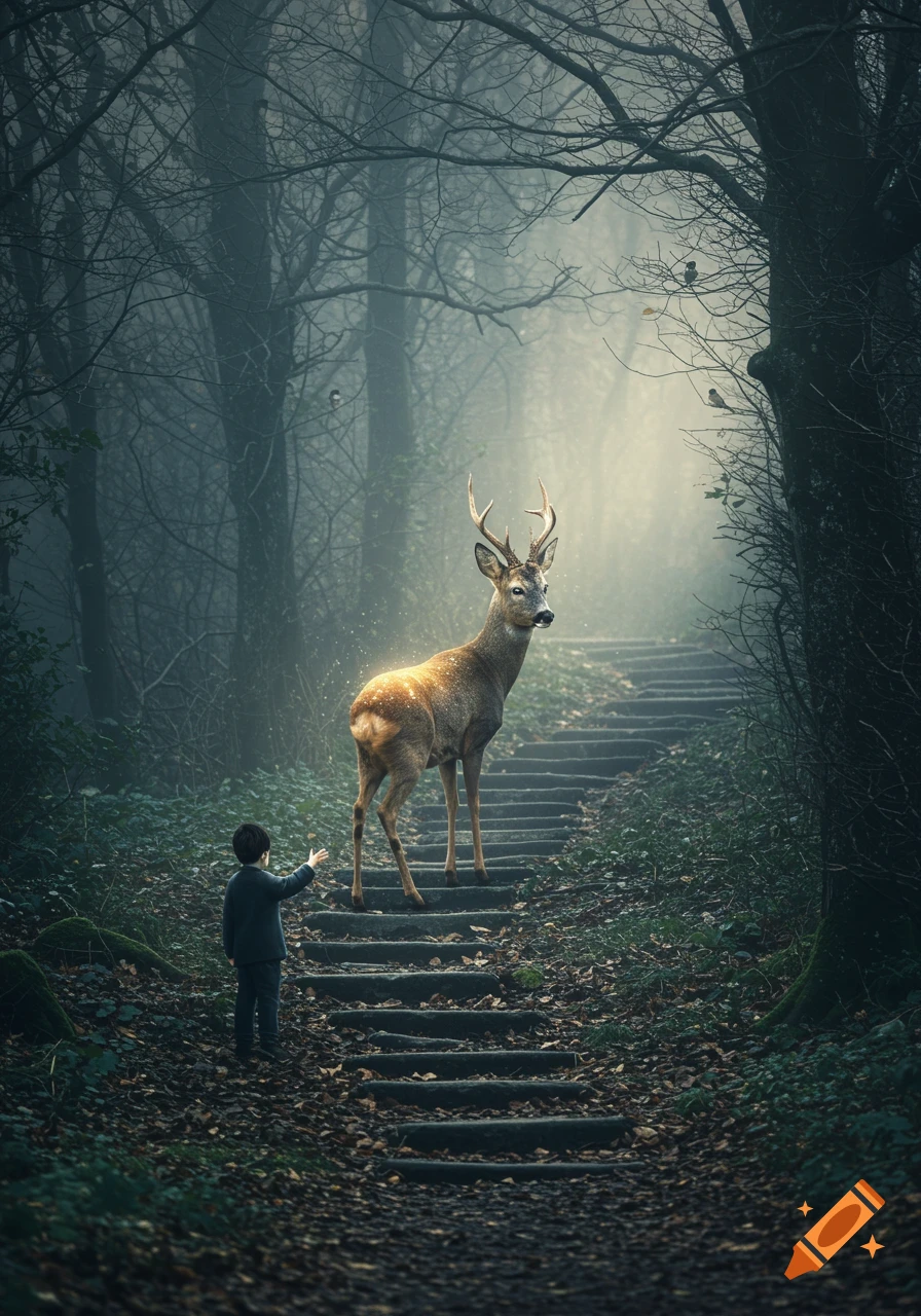 A young boy reaches out to a majestic roe deer standing on stone steps in a misty, enchanted forest, illuminated by light.