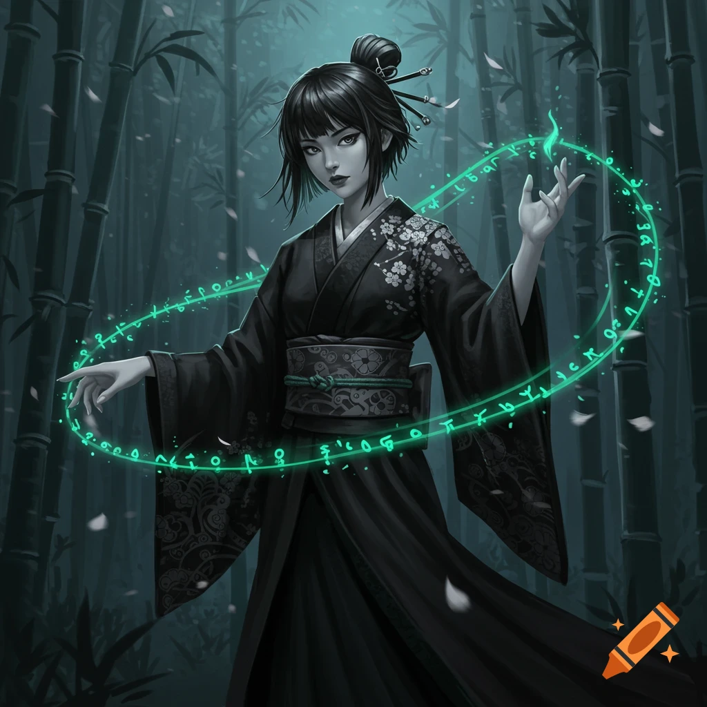 A young Japanese sorceress in a black kimono conjures glowing green magical symbols in a dark bamboo forest.