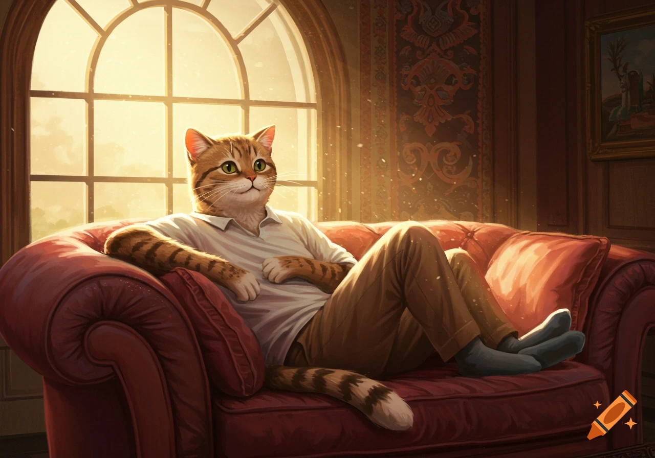 An anthropomorphic cat in a polo shirt and trousers lounges on a red sofa by a sunlit window.